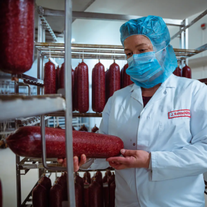 Hygienische Wurstproduktion hautnah: Mitarbeiterin prüft sorgfältig die Qualität der Wurstwaren – ein Blick hinter die Kulissen der Lebensmittelherstellung.