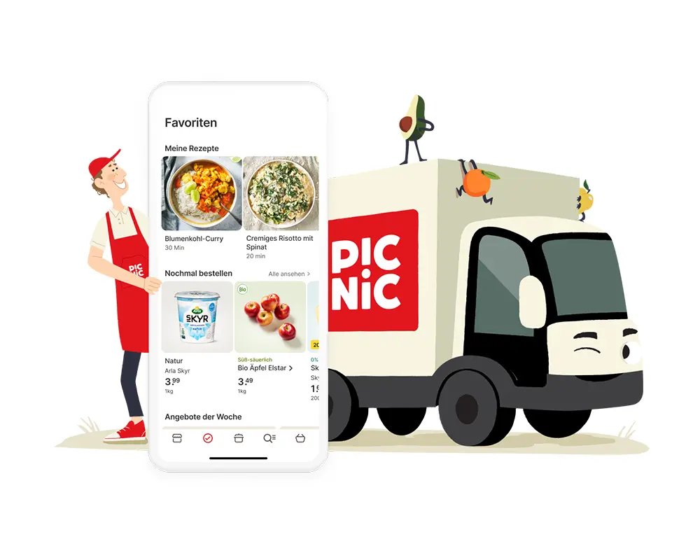 Illustration eines Mannes in roter Schürze und roter Cap, der ein menschengroßes Smartphone mit einem Onlineshop hält. Daneben eine Illustration eines beigen LKWs mit einem rot-weißen Picnic Logo darauf.